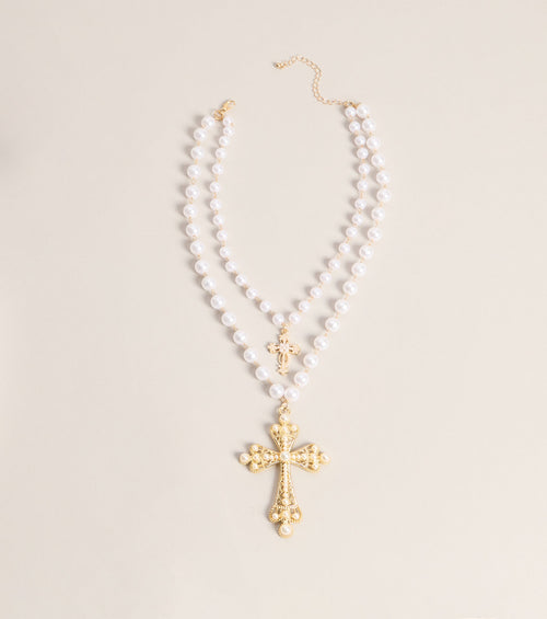 Soft Drama Faux Pearl Cross Necklace