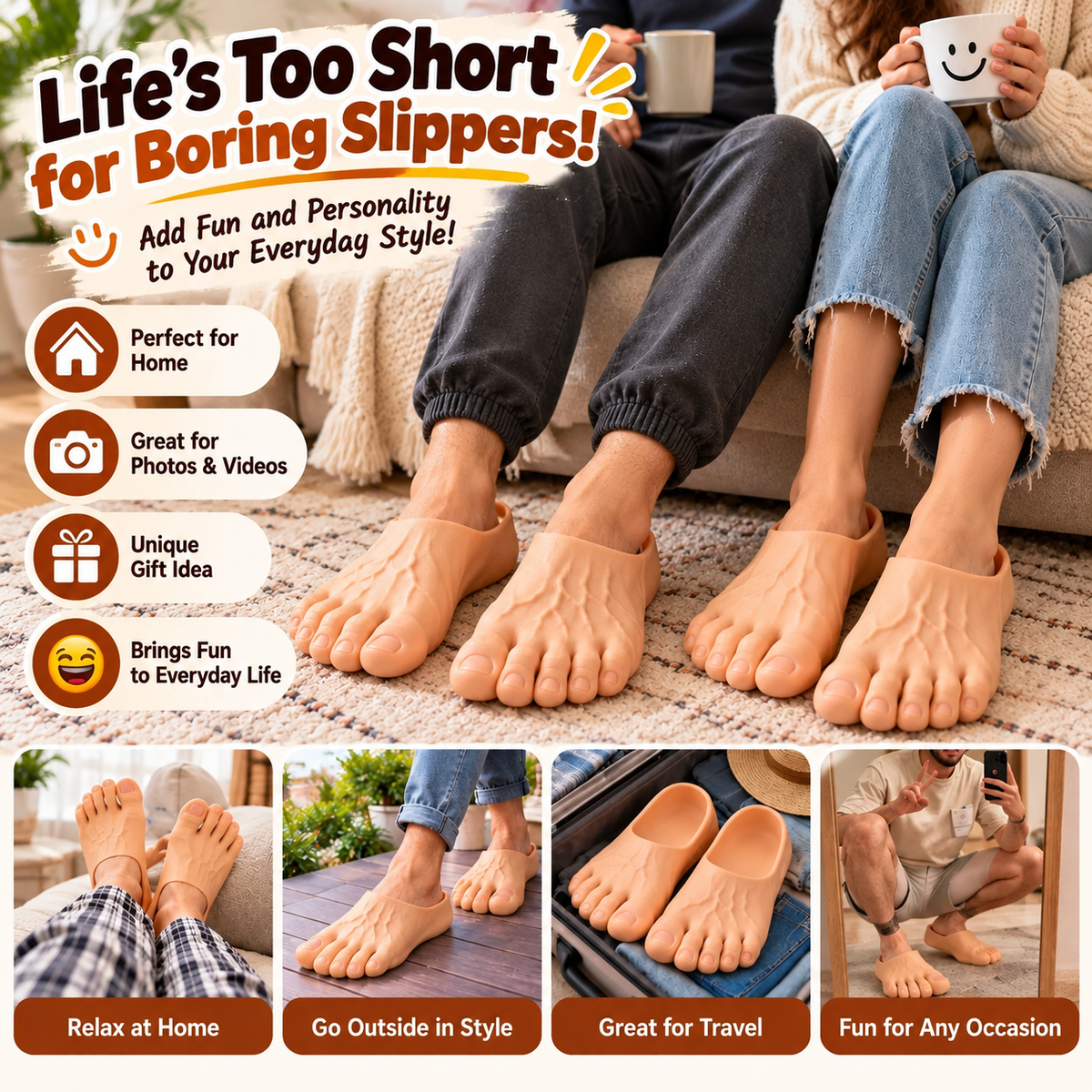 😂 Realistic Barefoot Slippers – Funny Giant Toe Slides, Hilarious Prank Gift 👣